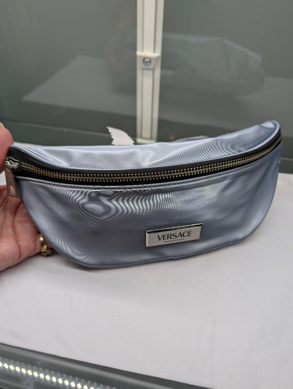 Versace Fragrance Silver Metallic Belt/Waist Bag W/ Front & Back Zip Pocket